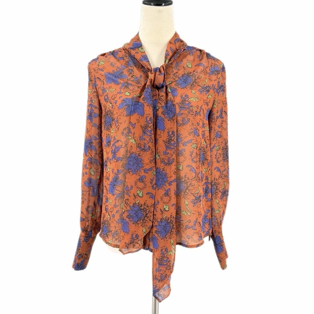 Buru Brown Blue Floral Sheer Necktie Cottagecore Workwear Office Career Blouse